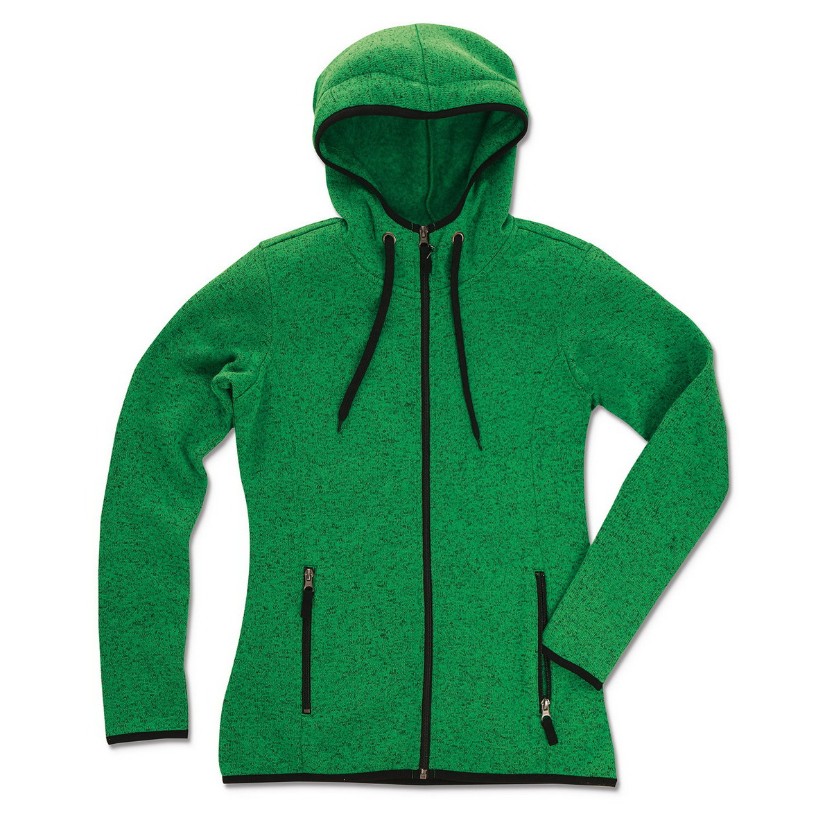 Pile da donna con zip e cappuccio verde melange con tasche laterali con zip