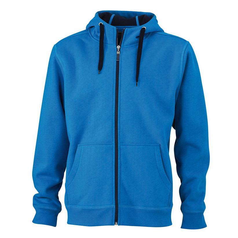 Felpa azzurra con interno nero con cappuccio, zip, cordino e tasche a marsupio