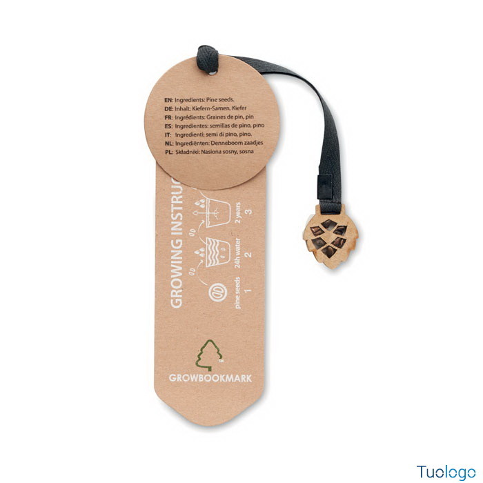 Segnalibro in carta con cordino in cotone e semi di pino
