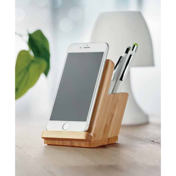 Caricatore wireless in bamboo con funzione da supporto e portapenne