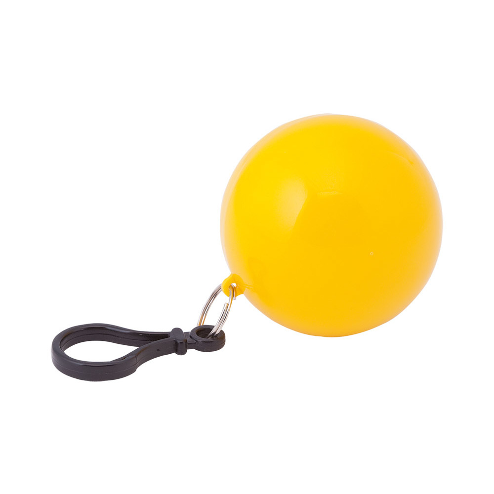 Impermeabile con portachiavi e moschettone ripiegato in pallina di plastica gialla