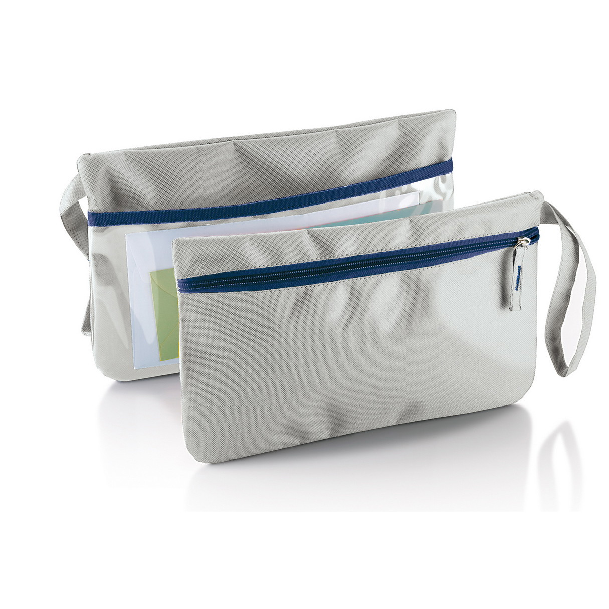 Porta documenti grigio con tasca posteriore trasparente e zip