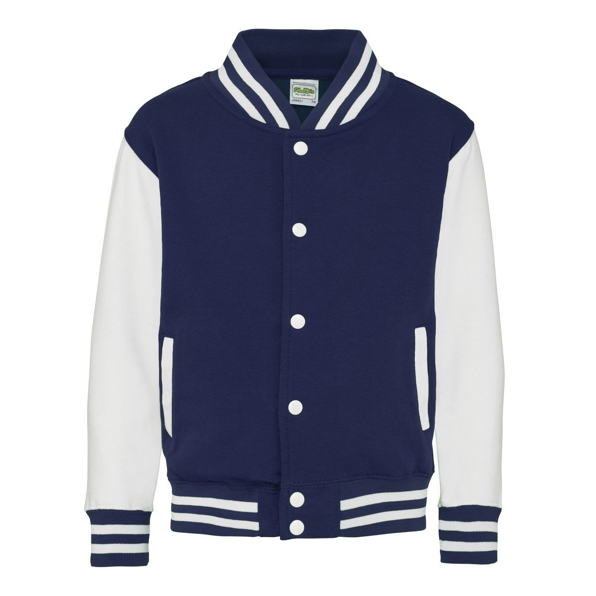 Felpa da bambino blu navy baseball maniche bianche collo polsini e vita con strisce in contrasto