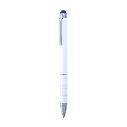 Penna in alluminio bianco con puntatore touch in gomma blu