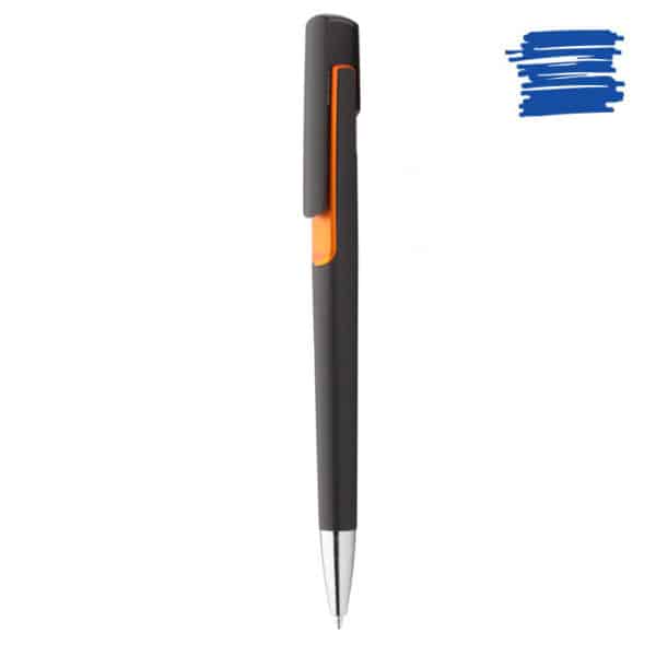 Penna a sfera in plastica nera con dettaglio arancione e punta cromata