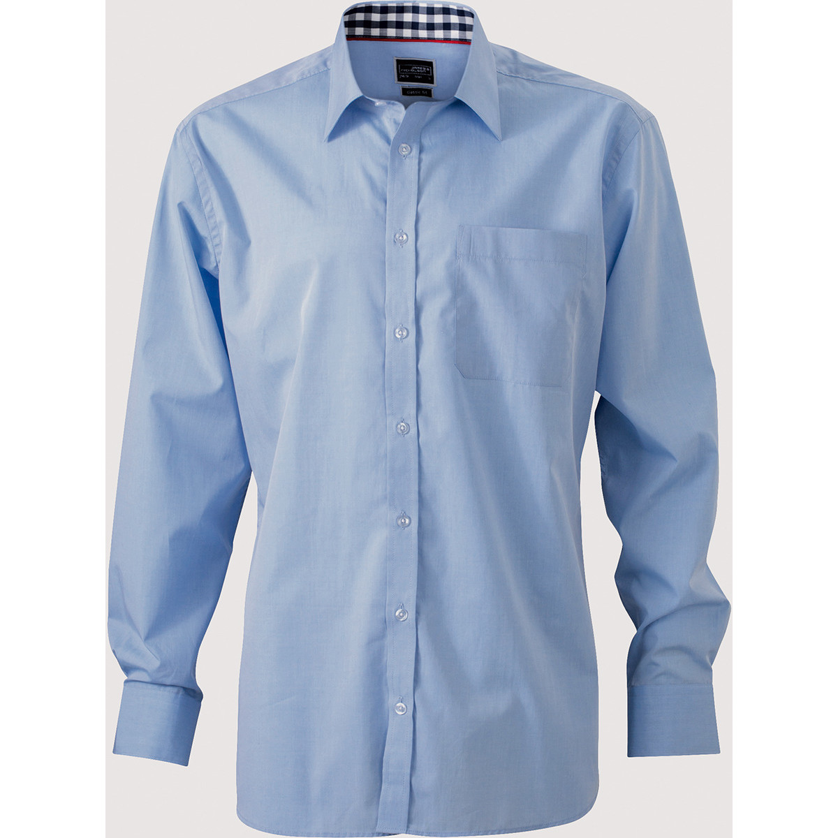 Camicia da uomo azzurra con bottoni bianchi, dettagli collo quadretti bianco blu