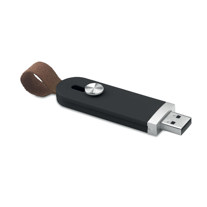 Chiavetta usb nera con pulsante con cordino marrone