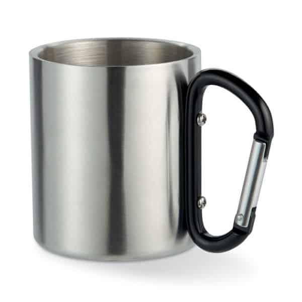 Tazza in acciaio con moschettone nero come manico