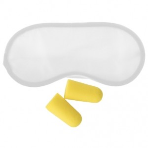 Maschera per gli occhi bianca e tappi per le orecchie gialli