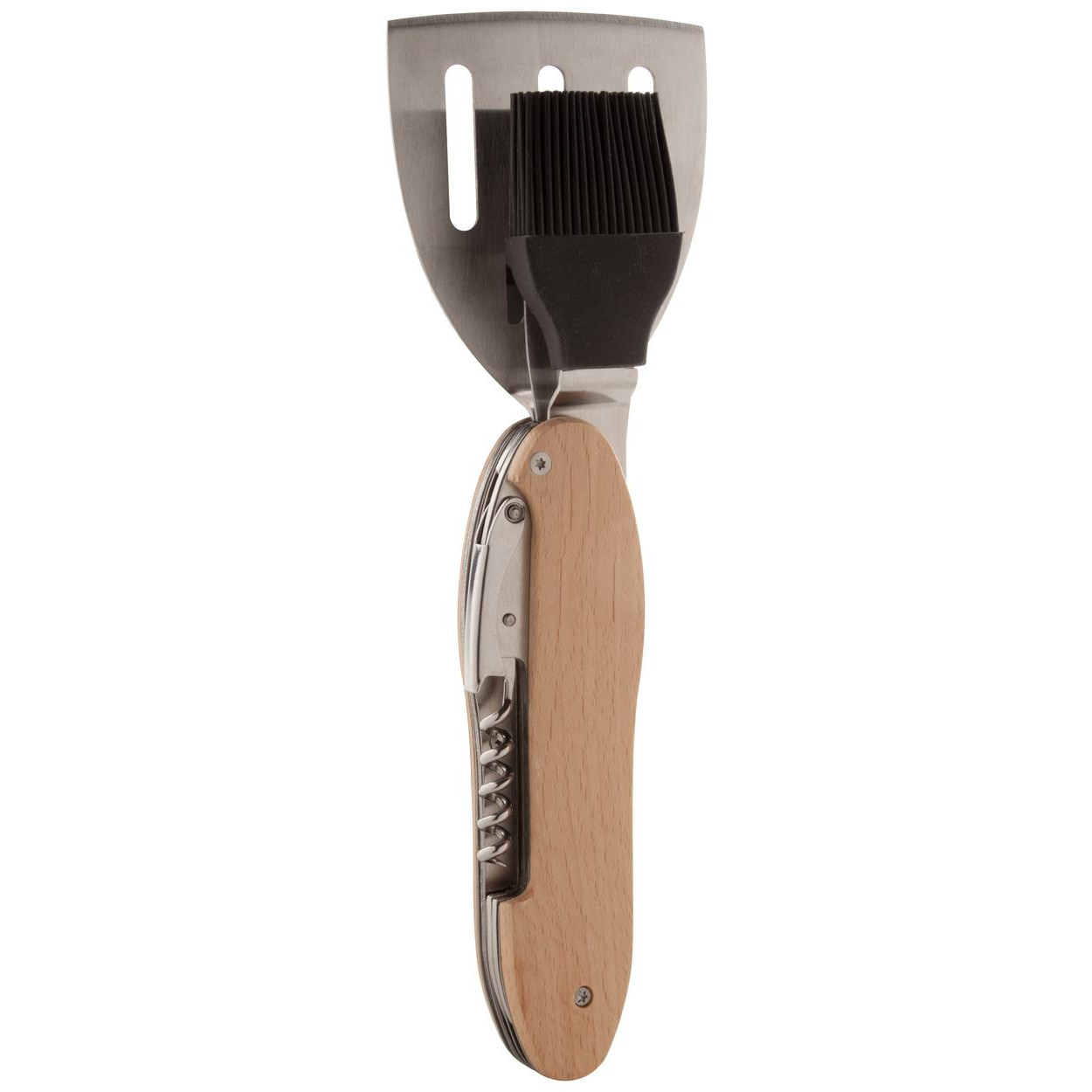 Multi attrezzo pieghevole per barbecue in acciaio con manico in legno