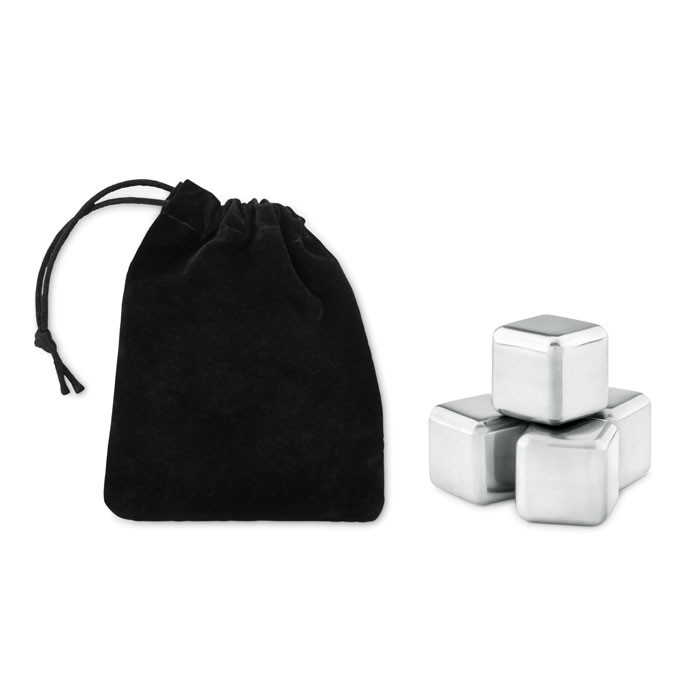 Set da quattro cubetti per ghiaccio in acciaio inox con sacchetta in velluto