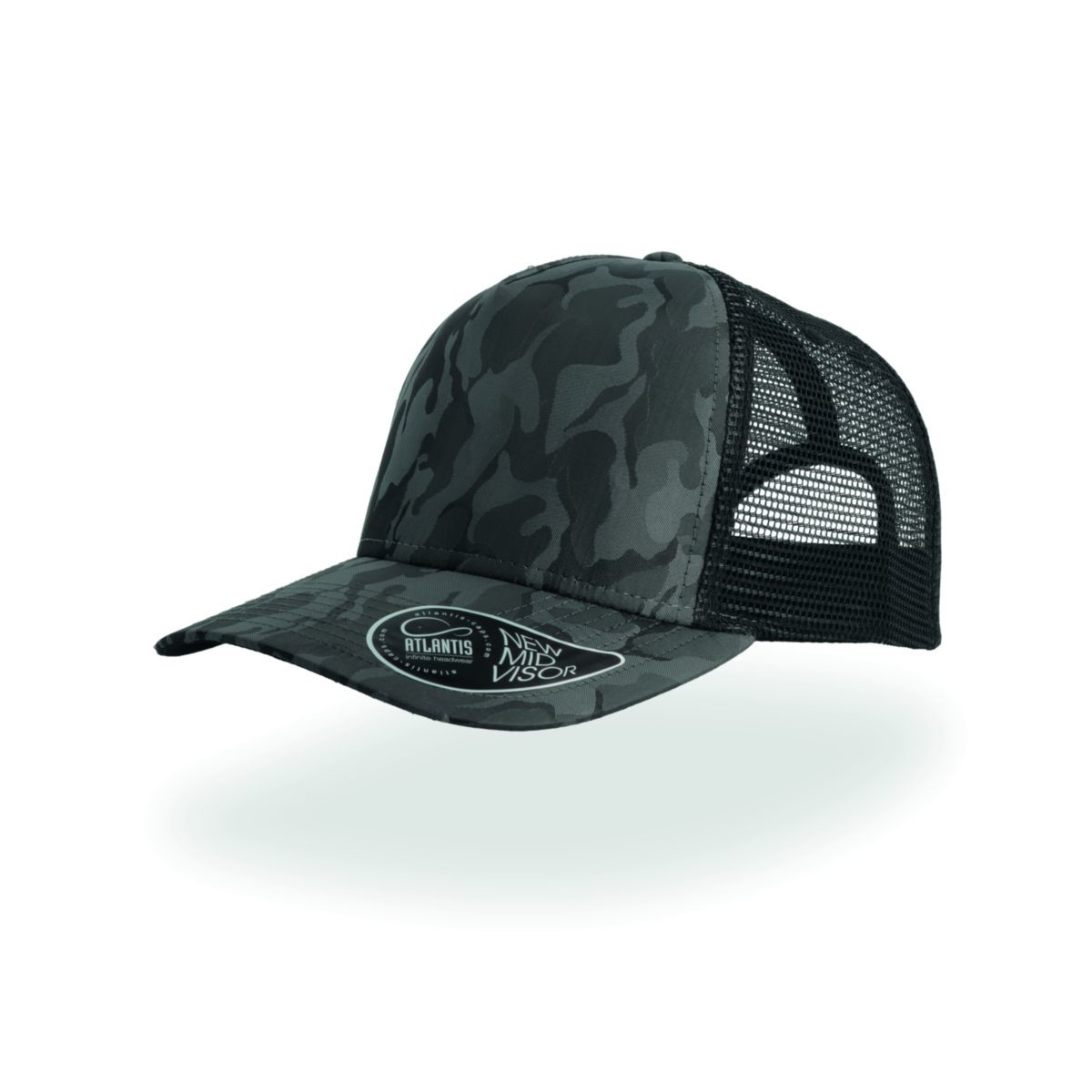 Cappellino in rete nera con pannello frontale fantasia grigio scuro su sfondo bianco