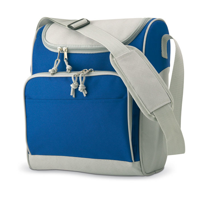 Borsa termica blu e grigia in poliestere con tracolla e tasca frontale