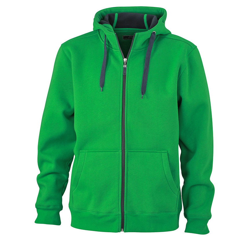 Felpa verde con interno grigio scuro con cappuccio, zip, cordino e tasche a marsupio