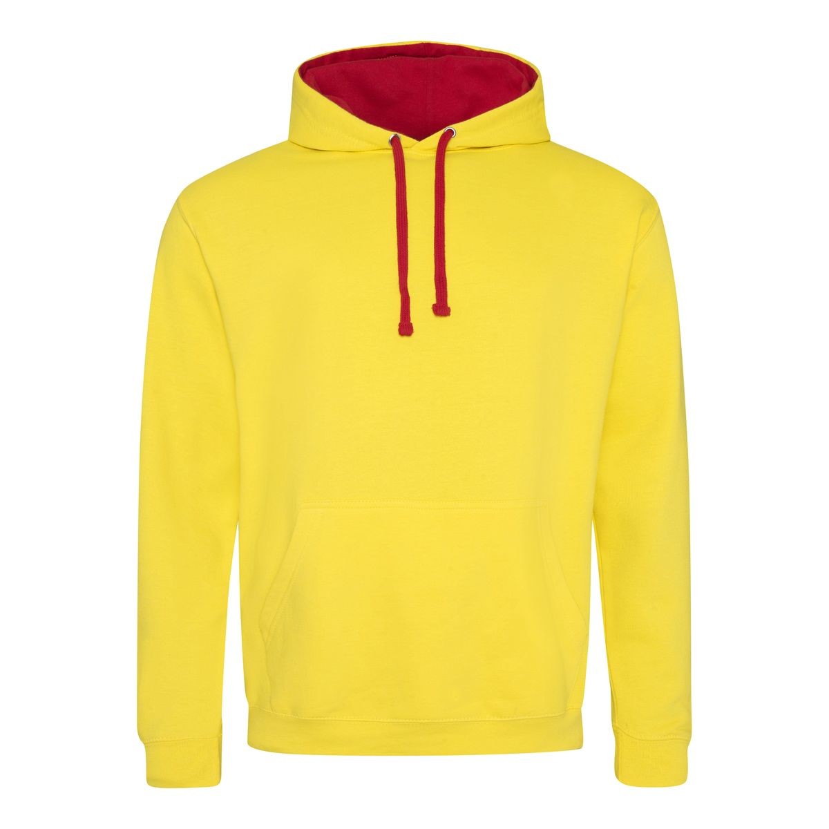 Felpa gialla con interno rosso con tascone e cappuccio