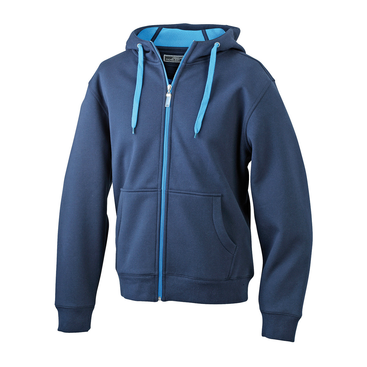 Felpa viola con interno azzurro con cappuccio, zip, cordino e tasche a marsupio