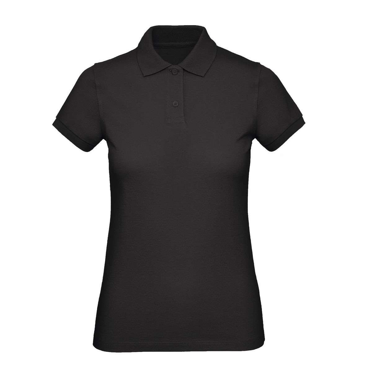 Polo donna nera manica corta con 2 bottoni su sfondo bianco