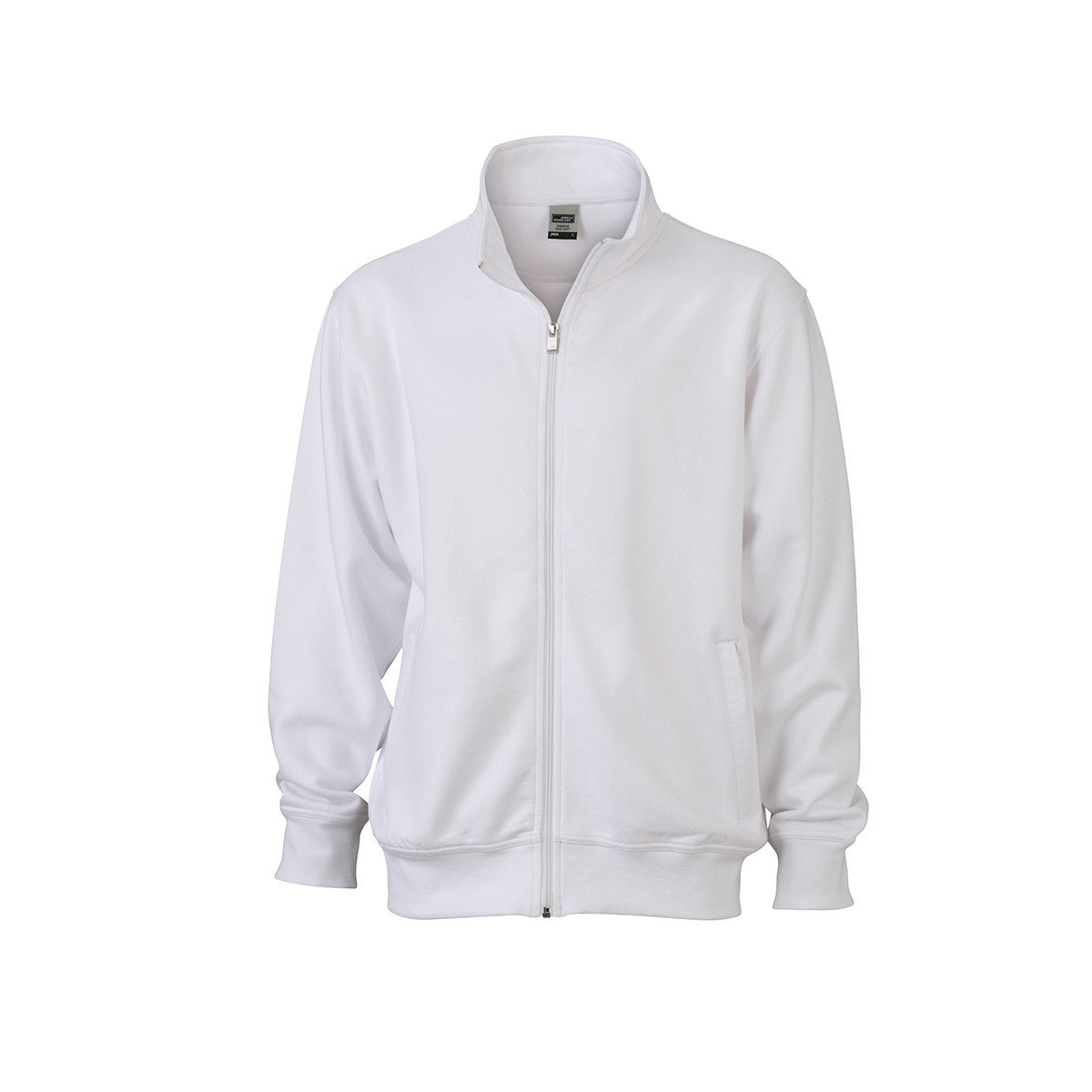 Felpa unisex bianco collo alto con girovita e polsini in costina elastica su sfondo bianco