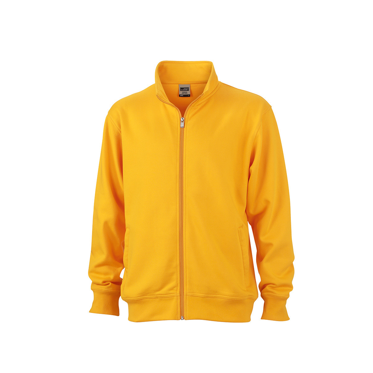 Felpa unisex gialla collo alto con girovita e polsini in costina elastica su sfondo bianco
