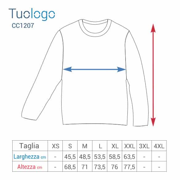 Schema delle misure in cm delle taglie delle tshirt manica lunga
