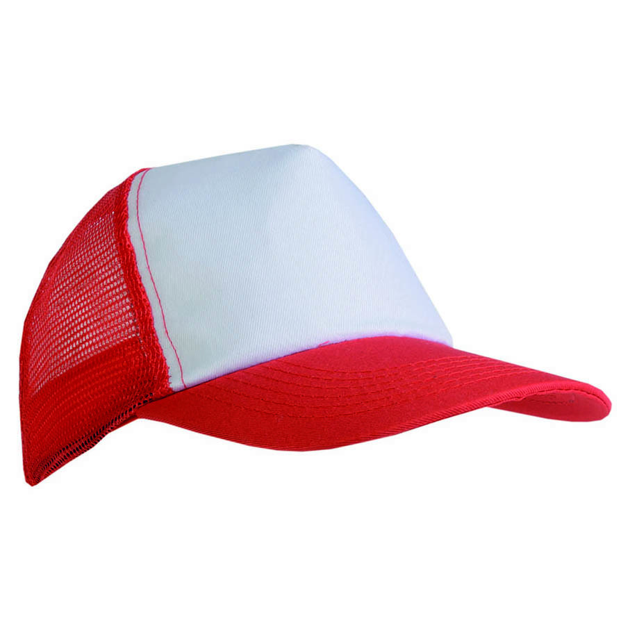 Cappellini in poliestere con pannello frontale bianco e con retro in rete e visiera arancioni