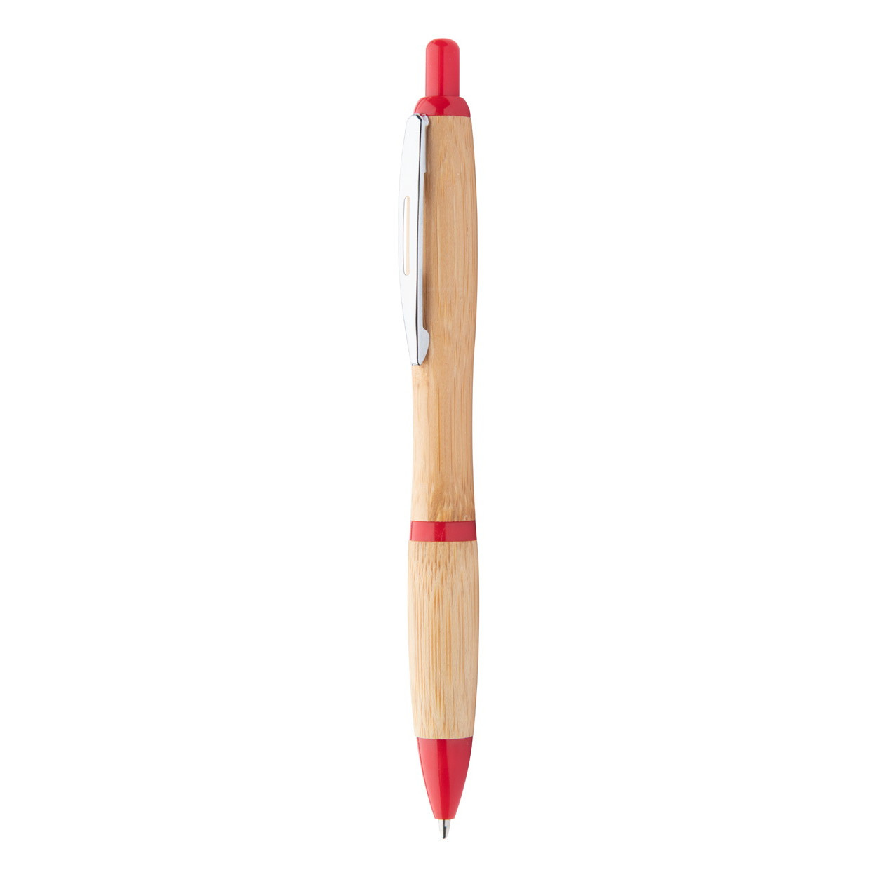 Penna a sfera in bamboo con clip in metallo e parti in plastica rossa