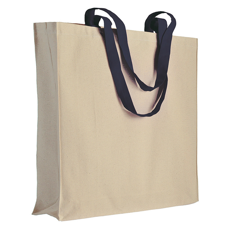 Shopper in cotone naturale con manici lunghi neri