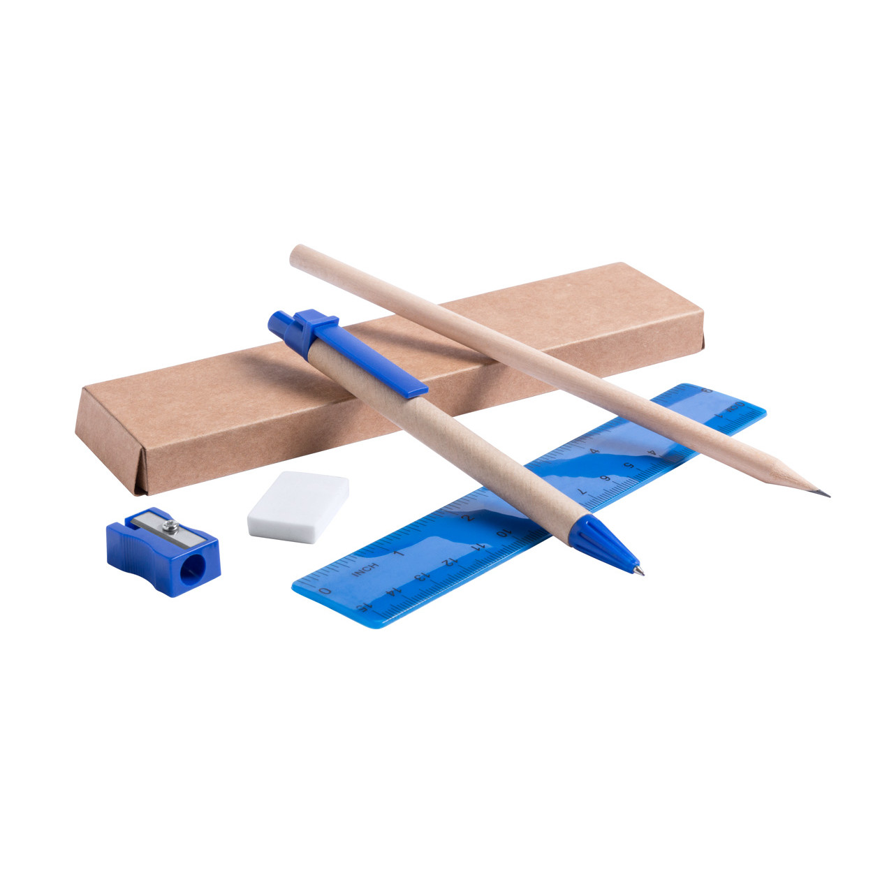 Set scrittura contenente penna in carta riciclata, matita, righello, gomma e temperino