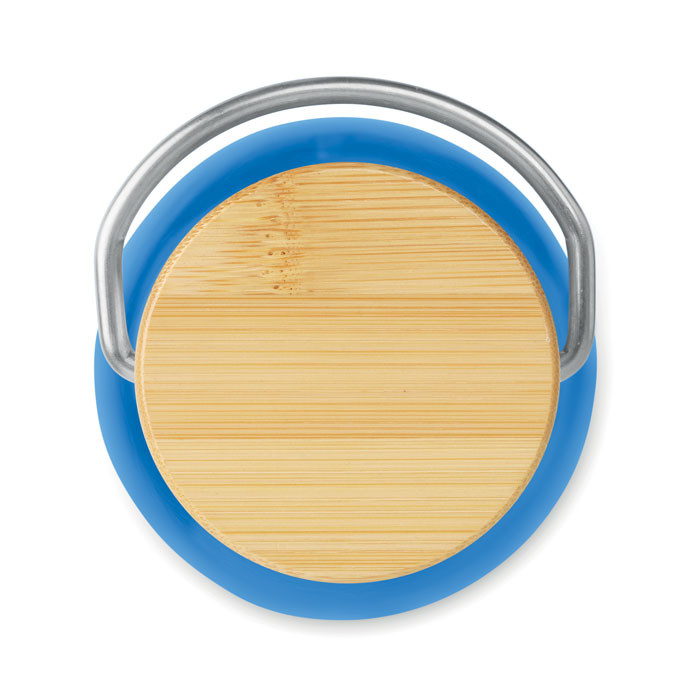 Borraccia in tritan blu con tappo in acciaio inox e dettagli in bamboo