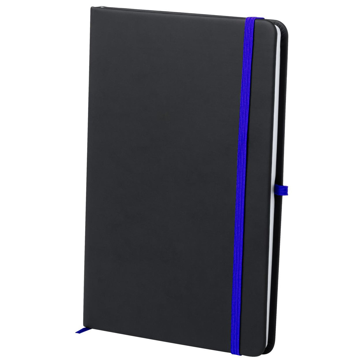 Bloc notes con copertina in similpelle nera ed elastico blu