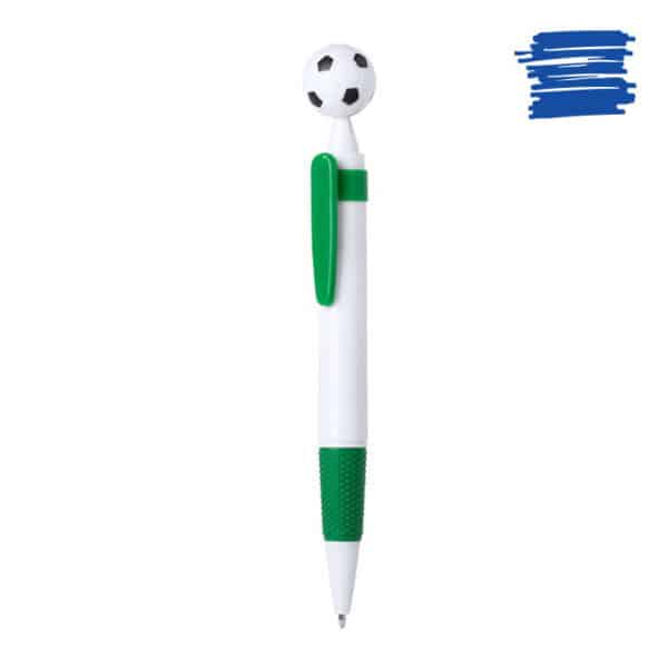 Penna a sfera in plastica bianca e verde con pallone da calcio come decorazione