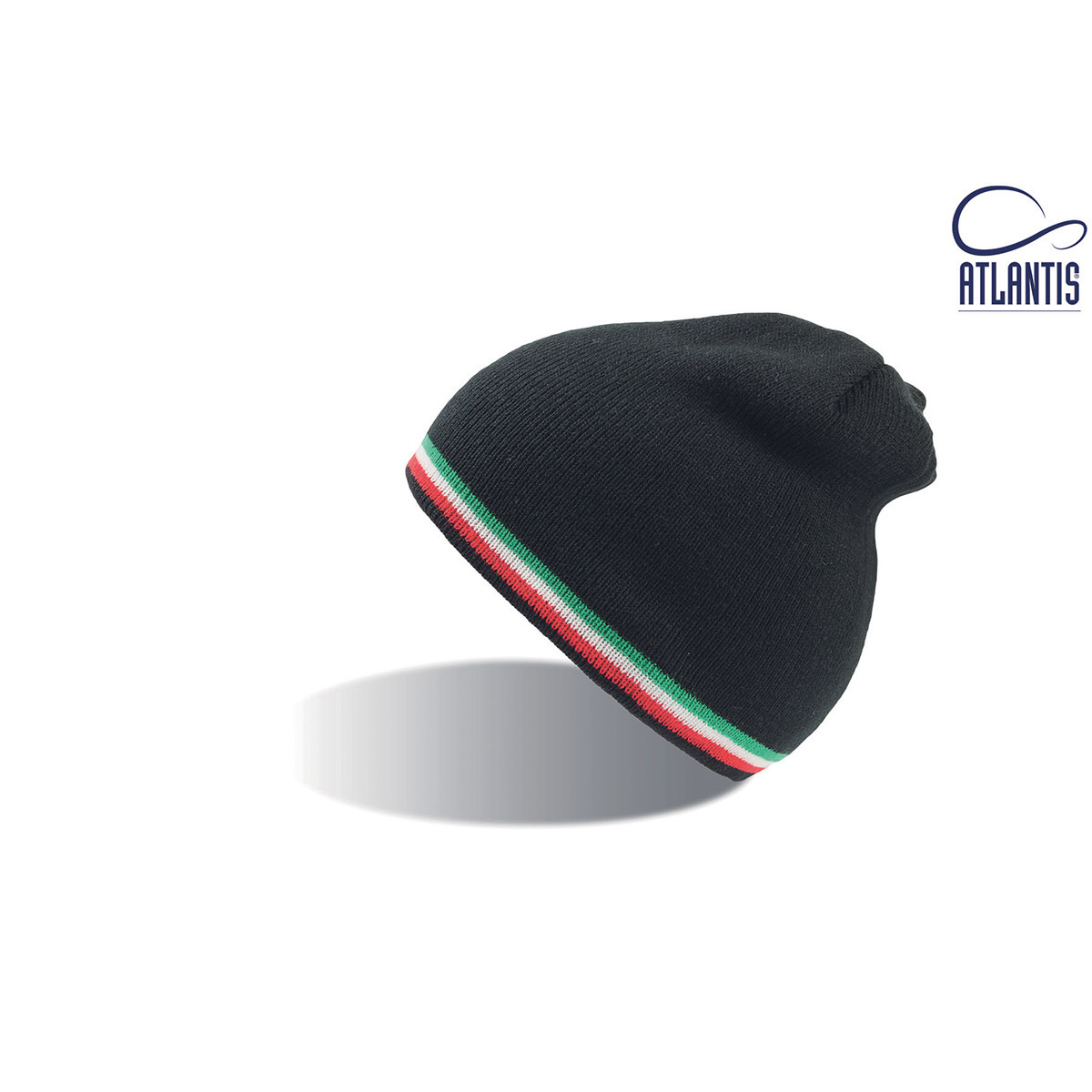 Berretto a maglia nero senza risvolto con fascia tricolore su sfondo bianco