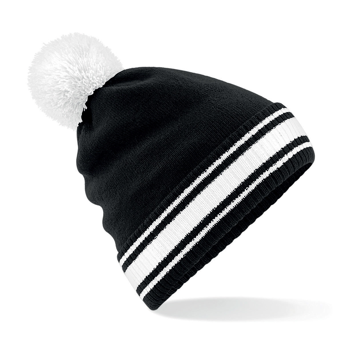 Berretto a maglia con rivolto e pon pon a contrasto bianco nero