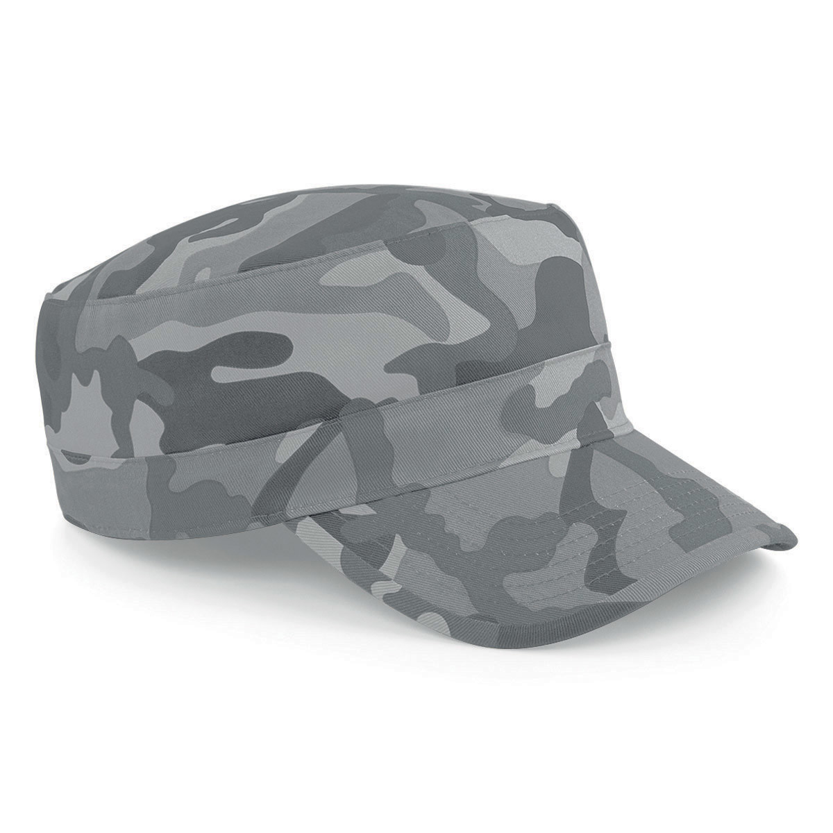 Cappellino con chiusura con velcro e visiera di colore camouflage tinte grigie vista da tre quarti