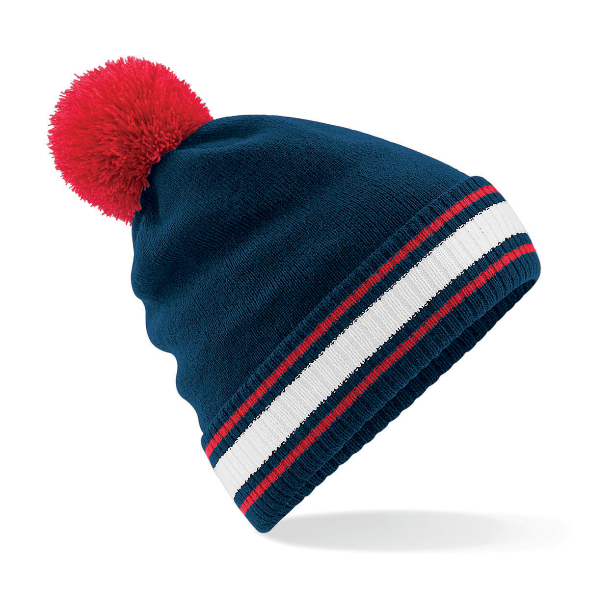 Berretto a maglia con rivolto e pon pon a contrasto french navy rosso bianco