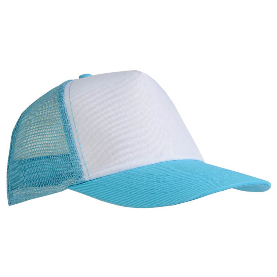 Cappellini in poliestere con pannello frontale bianco e con retro in rete e visiera azzurri