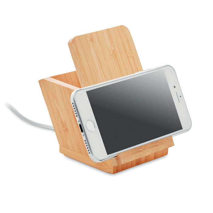 Caricatore wireless in bamboo con funzione da supporto e portapenne