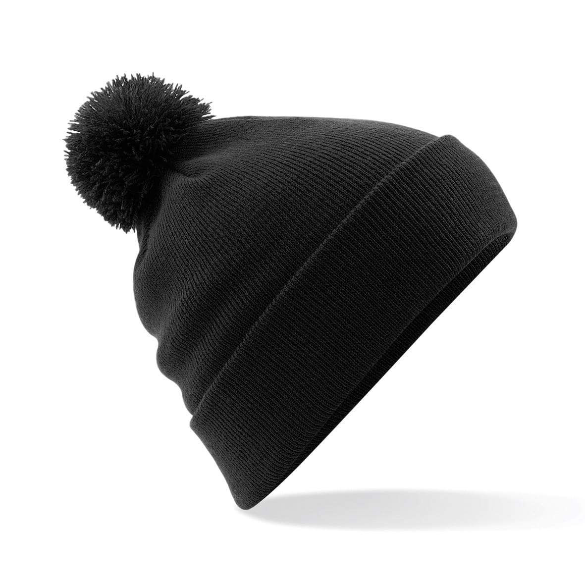 Berretto unisex nero a maglia a costine con pon pon e risvolto