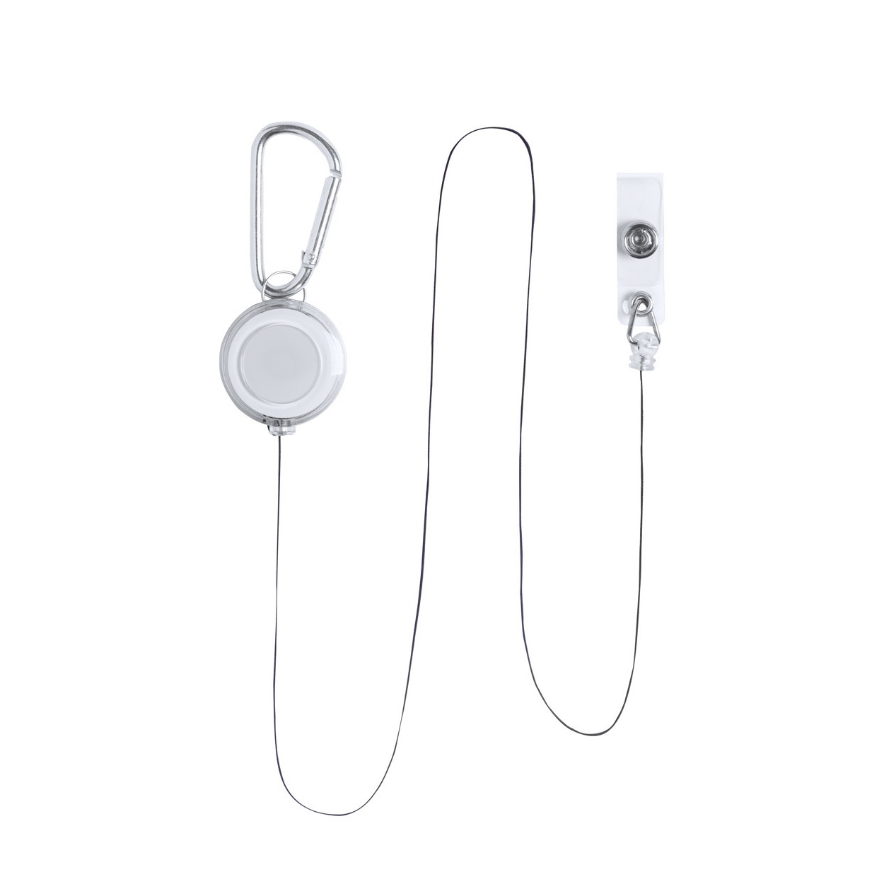 Porta badge in plastica con chiusura a bottone, laccetto e moschettone in alluminio