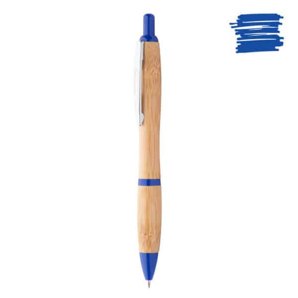 Penna a sfera in bamboo con clip in metallo e parti in plastica blu