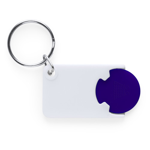 Portachiavi in plastica bianca con gettone blu e anello in metallo