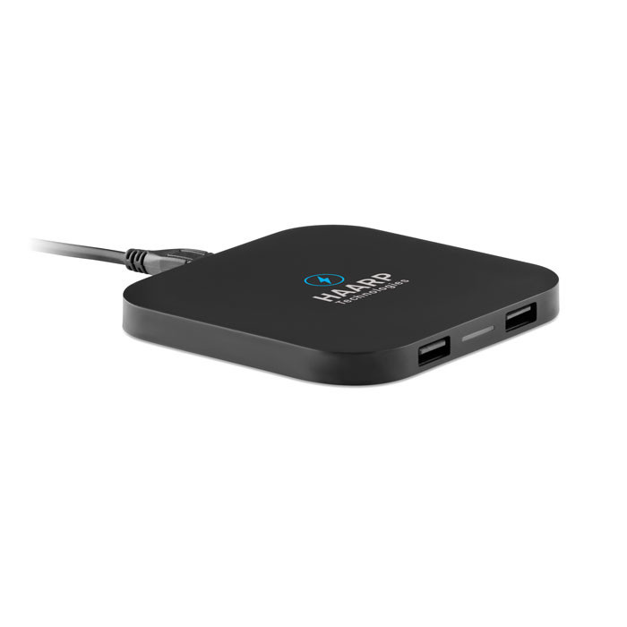 Caricatore nero wireless con due porte usb con logo