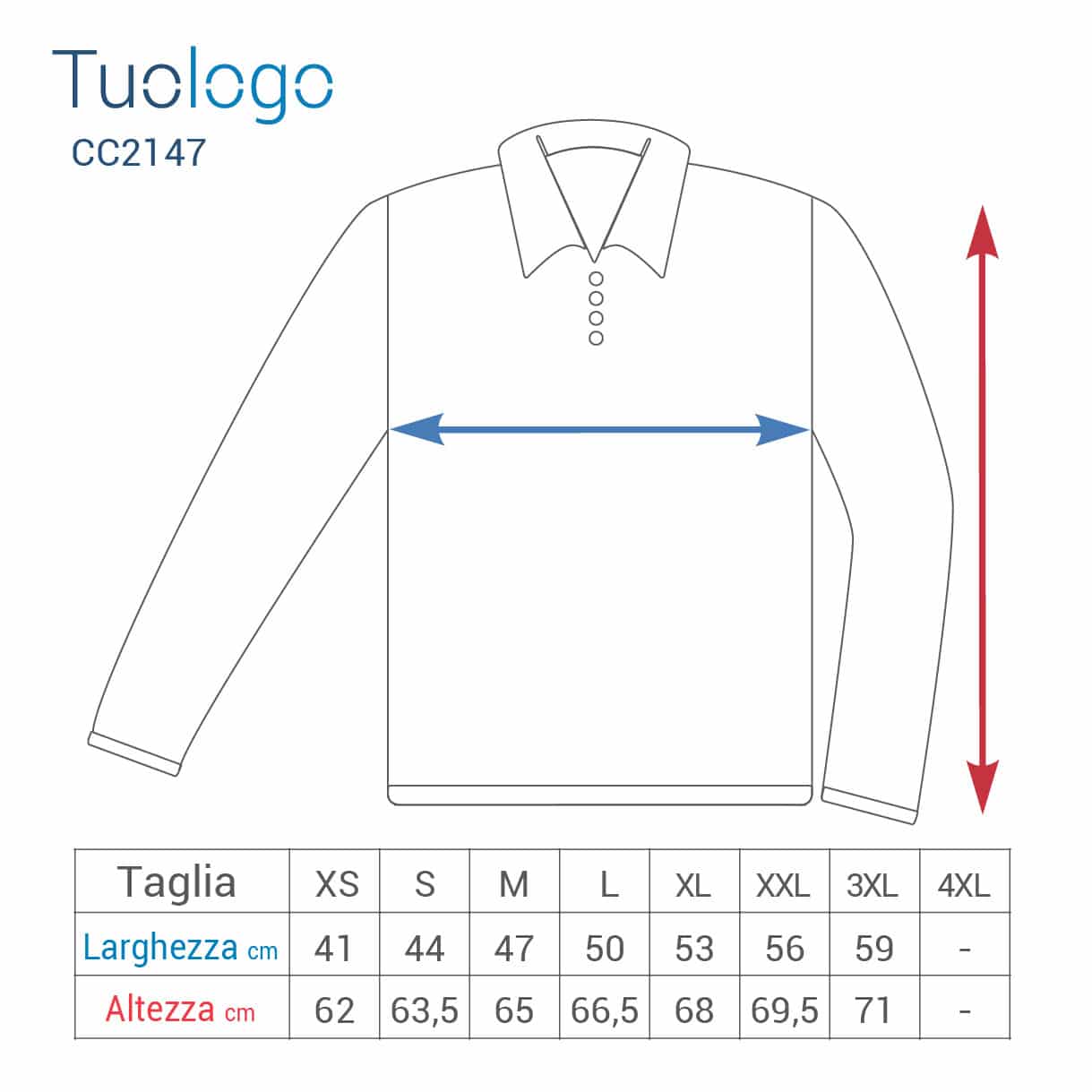 Tabella larghezza e lunghezza taglie della polo donna manica lunga