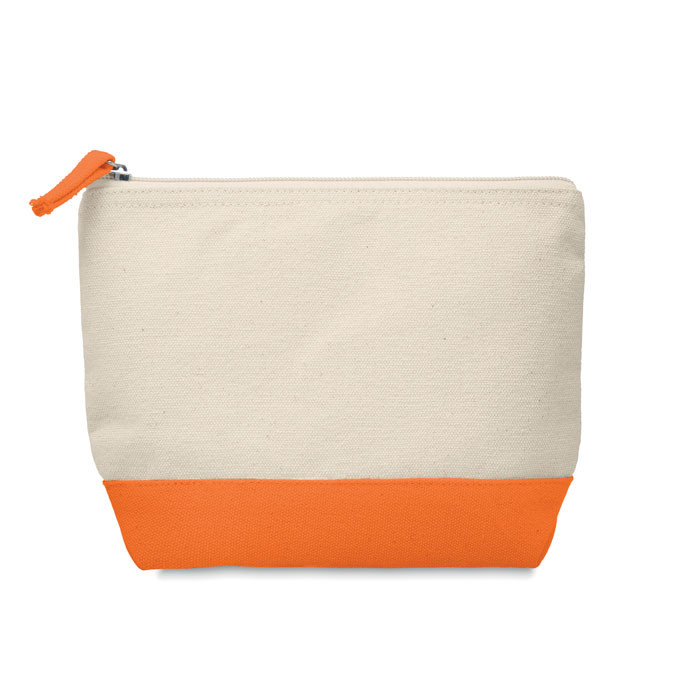 Trousse in cotone con fondo arancione e zipper
