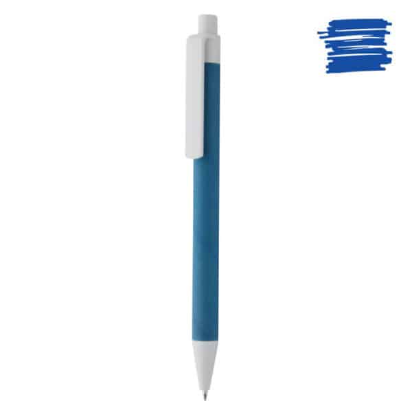 Penna a sfera in cartone riciclato blu e plastica bianca