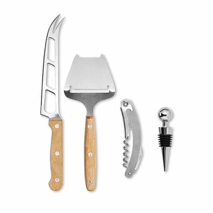 Coltello in acciaio, affetta formaggio, apribottiglie e tappo
