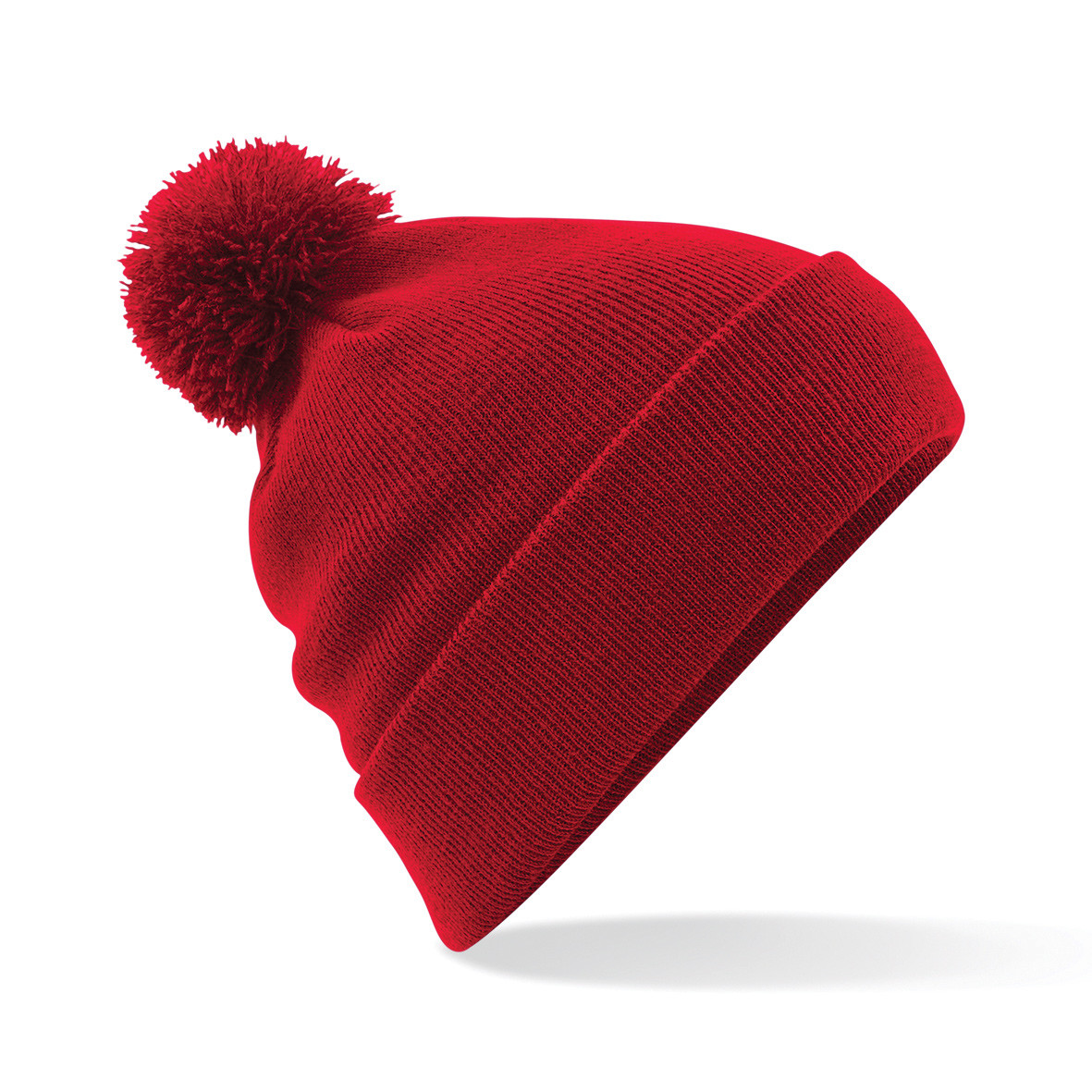 Berretto unisex rosso a maglia a costine con pon pon e risvolto