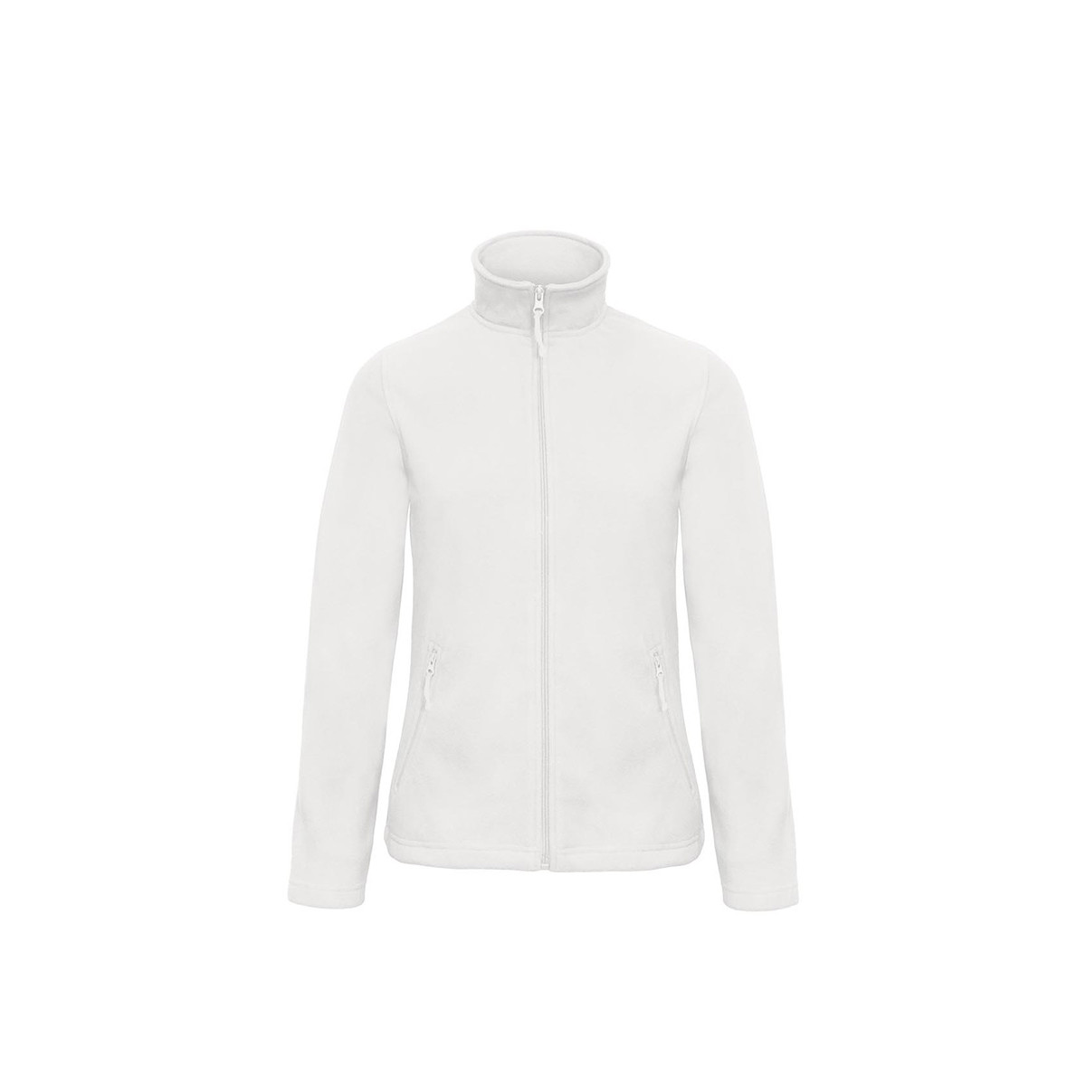 Pile da donna bianco con collo alto zip lunga tasche laterali con zip su sfondo bianco