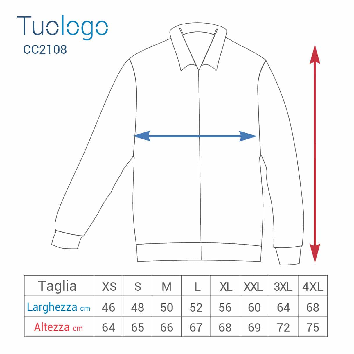 Tabella larghezza e lunghezza taglie della felpa da donna con zip