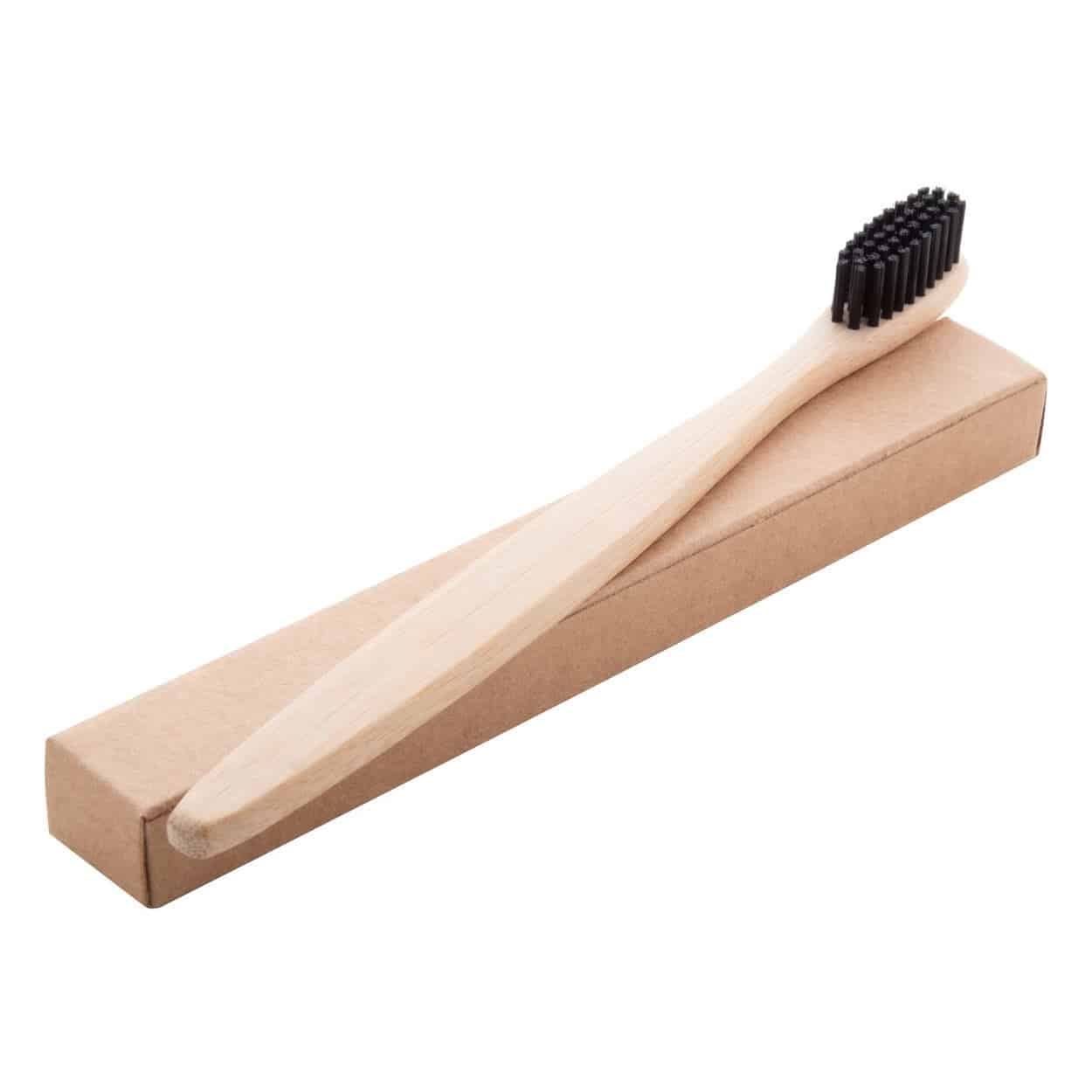 Spazzolino con manico in bamboo naturale e setole di nylon nere con confezione in cartoncino